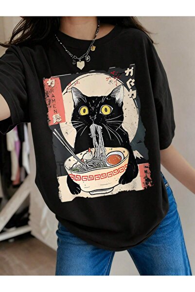 ZEMLİYA Μπλουζάκι με γραφικό σχέδιο και κοντά μανίκια – Σχέδιο γάτας και ράμε...