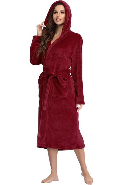 casme Women's Plush Hooded Robe Open-Front Long Bathrobe Soft Fleece with Pockets for Spa Loungewe