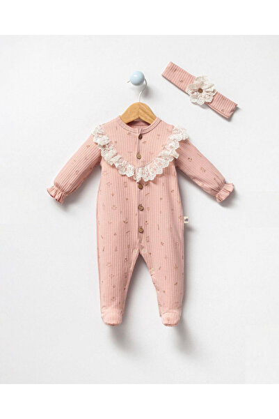 by bubbles Natural Lace Detailed Front Opening Baby Girl Romper