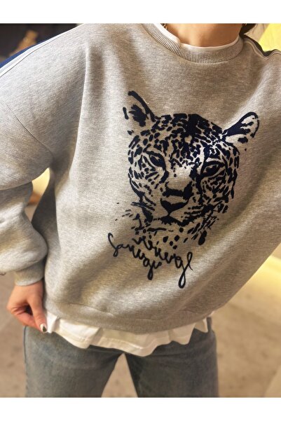 Selin Baskı Detaylı Swearshırt Gri Melanj