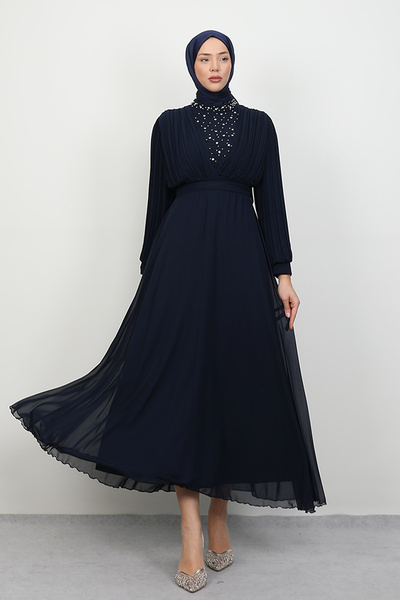 Lamia Giyim Damla Şifon Elbise Lacivert