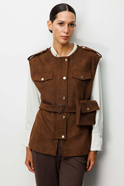 Ekol Beli Kemerli Çantalı Süet Yelek