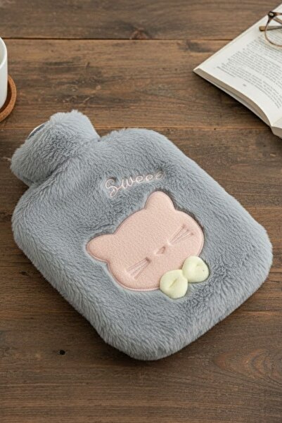 Buffer Papyonlu Kedi Figürlü Gri Peluş Sıcak Su Torbası 1 Lt – Yumuşak Kılıf, Uzun Süre Sıcak Tutan Termal