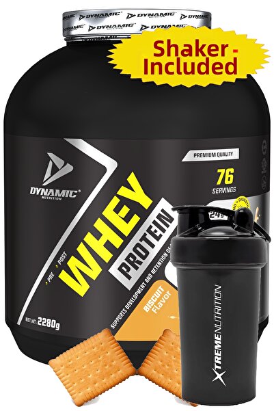 Dynamic Nutrition مسحوق بروتين مصل اللبن - 2280 جرام - 76 حصة - بسكويت - مع إنزيمات الهضم - 24 جرام بروتين + شيكر