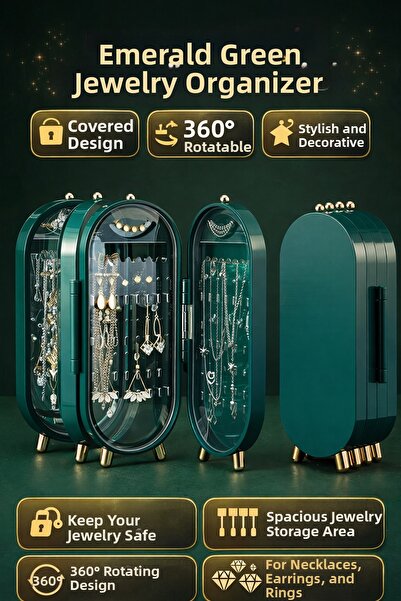 Weisre منظم مجوهرات بيضاوي باللون الأخضر الزمردي مع غطاء ومرآة 360 درجة °   م...