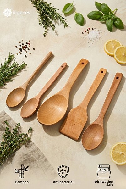 Ülgenev مجموعة من 5 ملاعق خشبية من الخيزران، أرز، صلصة، ملاعق قياس وطعام، مجموعة أدوات مطبخ خشبية، وعاء زفاف