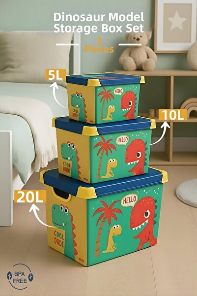Nandy Home Dinosaur Patterned Set of 3 Storage Boxes with Lids 5L-10L-22L