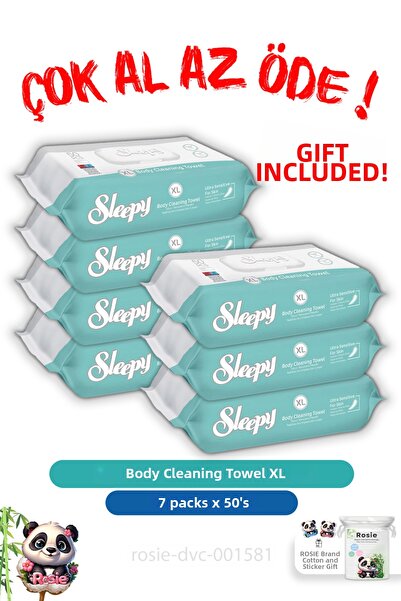 Sleepy 7 عبوات، اشترِ الكثير وادفع أقل، مناديل تنظيف الجسم مقاس XL، 50 قطعة و...