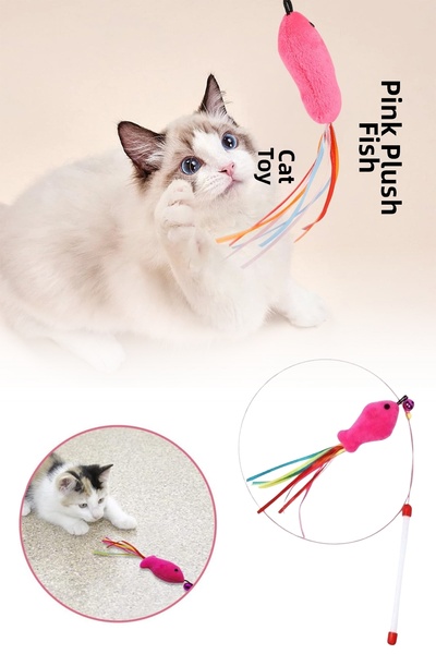 Privo Fish Cat Play Fishing Rod 90cm Furry Rattle Flexible Handle Cat Toy