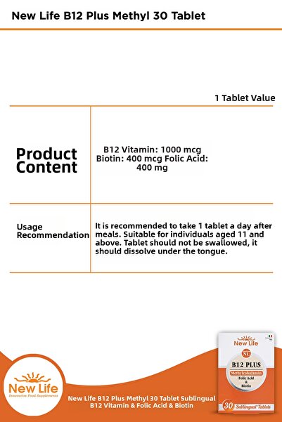 New Life B12 Plus Sublingual 30 Tablets Metillkobalamin - Folic Acid - Biotin