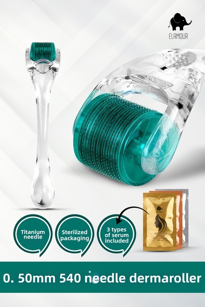 ELAMOUR - Original Titanium Needle - 0.50mm 540 Needle Hair and Skin Care Dermaroller - Serum Set with Gift