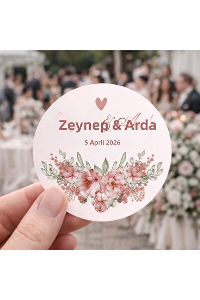 YAPIŞKAN STORE Gift Sticker Label Wedding Engagement Henna 24 Pieces 4 cm Round with Flower and Pink Pattern