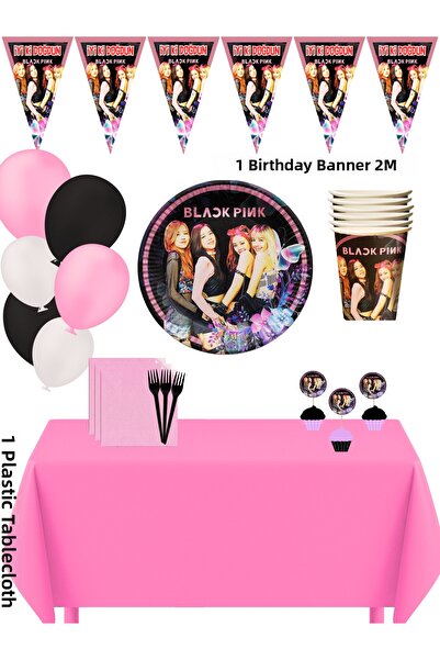 HAPPYLOOPPARTY مجموعة زينة حفلات أعياد الميلاد لـ 32 شخصًا باللون الأسود والوردي