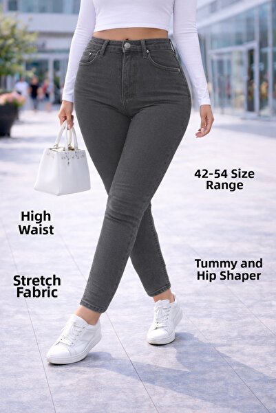 CEDY DENIM جينز نسائي بقصة ضيقة مقاس كبير وخصر عالي وقصة ضيقة من أنثراسايت C597