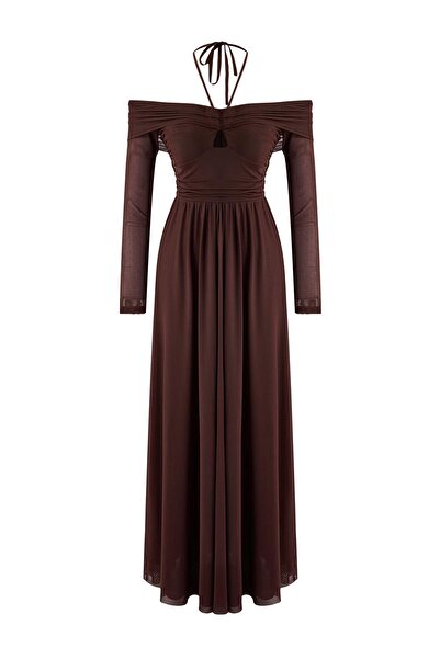 Trendyol Collection Brown Tulle Halter Neck Skirt Split at Waist Maxi Evening & Graduation Dress Tprss26Ae00001