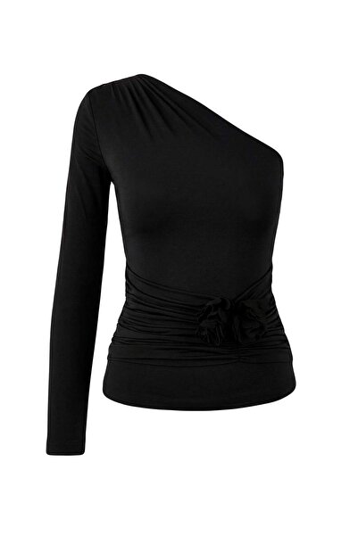 Trendyol Collection Black Asymmetric Neckline Floral Appliqued One Shoulder Party Blouse Tprss26Bz00009