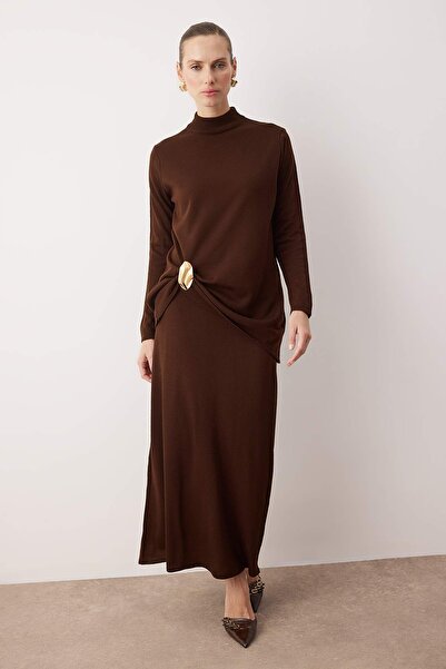 Trendyol Modest Brown Regular Single Plate Plain Knitwear Hijab Bottom - Top Set Tctaw26Us00076