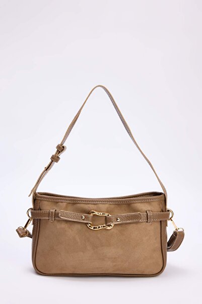 TRENDYOL SHOES Nerzfarbene Damen-Mini-Umhängetasche aus Wildleder mit Schnall...