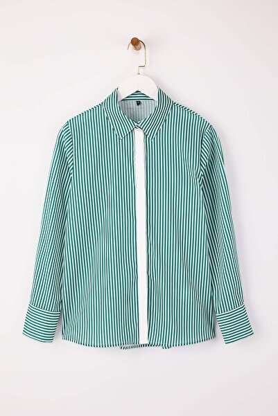 Trendyol Collection White Green Striped Contrast Placket Oversized /Wide Fit Shirt Twoss26Go00010