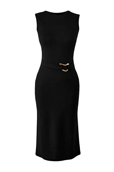 Trendyol Collection Black Bodycon Sleeveless Accessory Detail Midi Interlock Knitted Dress Twoss26El00016