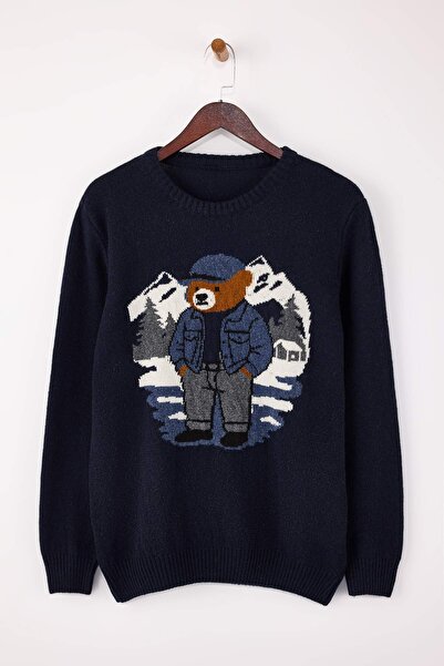 Trendyol Collection Navy Blue Regular Crew Neck Animal Teddy Bear Sweater Tmnaw26Kz00007