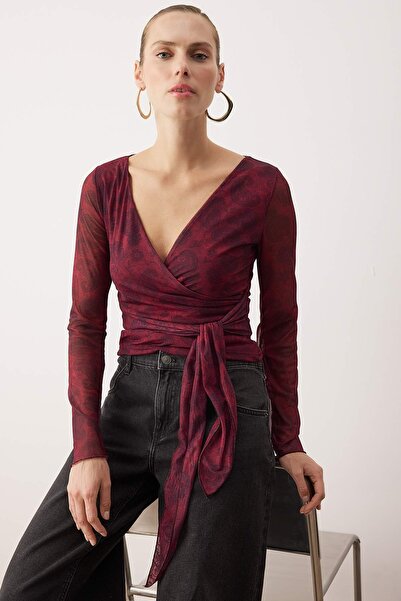 Trendyol Collection Burgundy Abstract Wrap Fitted/Bodycon Tulle Knitted Blouse Twoaw26Bz00226