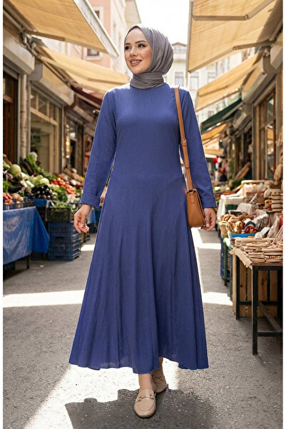 sefamerve Volan Detaylı Bürümcük Elbise 7132-04 Mavi
