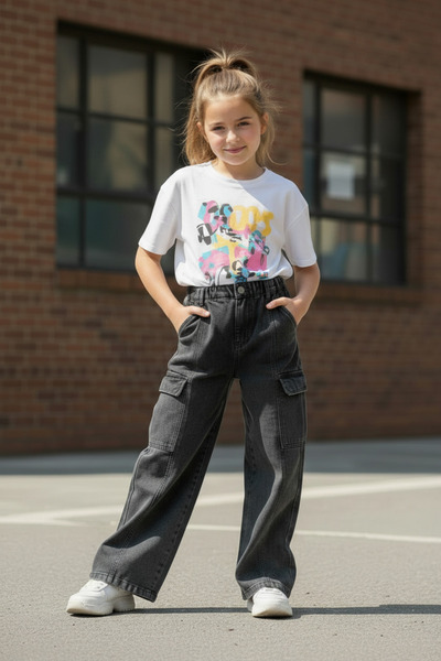 Ede Tekstil Kız Çocuk Kargo Siyah Kot Pantolon