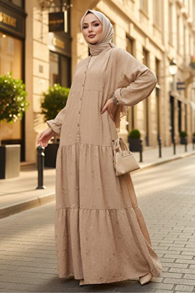 Bestenur Cense Yarım Düğmeli Elbise 1496 - Bej