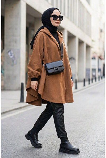 sefamerve Kapüşonlu Kaşe Panço 0505-09 Taba