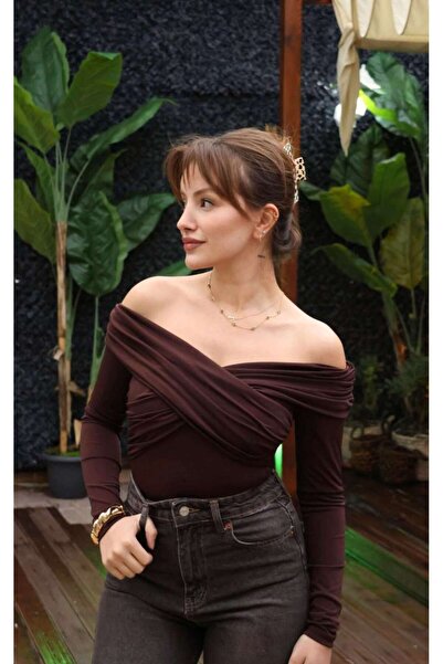 LUV STUDİOS CO Brown Madonna Collar Open Shoulder Cross Draped Long Sleeve Bl...