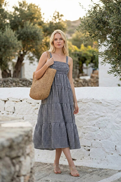 PASTELASTORE Καλοκαιρινό μίντι γυναικείο φόρεμα με λουράκι Gingham 1300