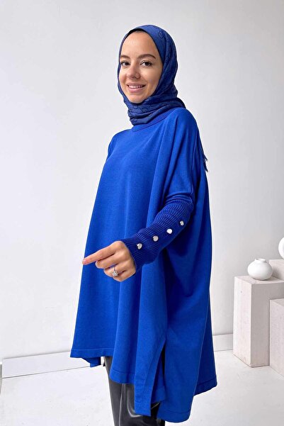 Ka Hijab Oversize MerserizeTesettür  Tunik - Saks Mavi