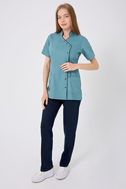 Onur Forma Kruvaze Lacivert Biyeli Lacivert Pantolonlu Kadın Takım - Küf Yeşili