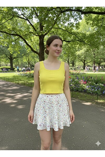 LADY HAZAL Sarı Mini Crop Top Darkalıp Fitilli Kalın Askılı Kare Yaka Büstiyer