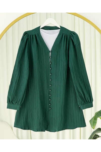 Modamorfo Top Düğmeli V Yaka Krinkıl Gömlek -Zümrüt