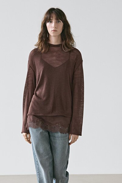 Massimo Dutti Dantel detaylı uzun kollu t-shirt