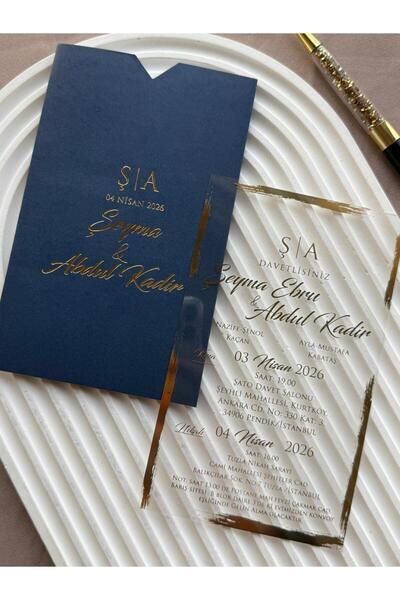 emindijital Mavi Zarflı Şeffaf Kına, Nikah, Nişan, Düğün Davetiyesi - 50 Adet