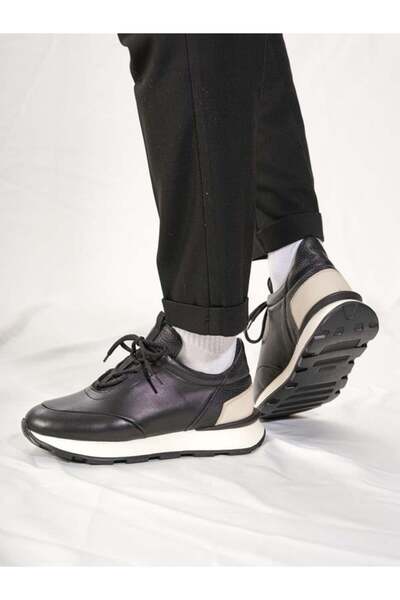 Byterre Siena Genuine Leather Handmade Black Beige Men's Sneakers Shoes