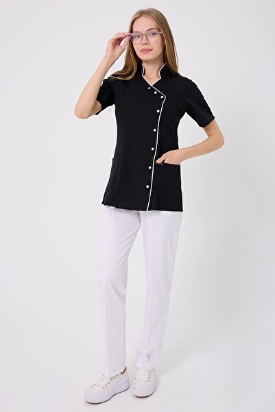 Onur Forma Kruvaze Beyaz Biyeli Beyaz Pantolonu Kadın Takım - Siyah