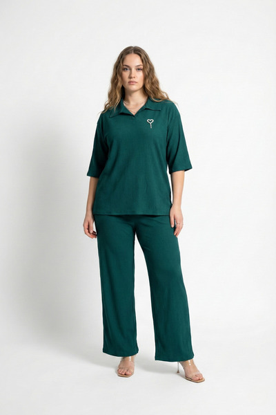 Mivoon Casual Patch Shirt Collar Wide Trousers Suit with Brooch Accessories