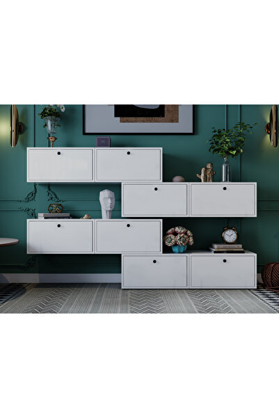 Nettrends Modern Duvara Monte Kitaplık ve Vitrin Ünitesi 8 Kapaklı Konsol NRG...