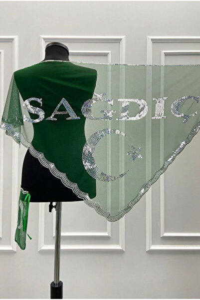 ZEYMERADE Yeşil Sağdıç Üçgen Model Pullu Omuz Örtüsü Şalı, Damat Nedime Asker...