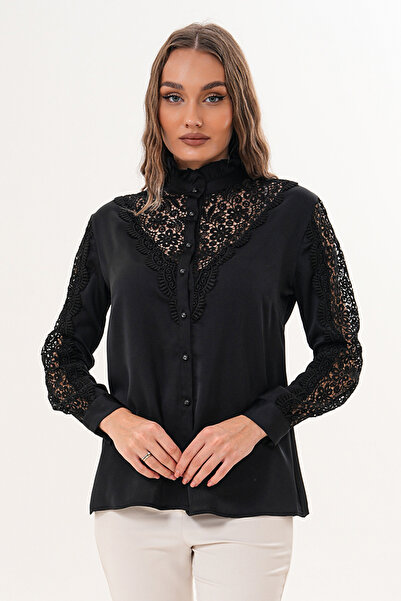 Loom Boutique Büyük Beden Dantel Garnili Krep Gömlek G0027