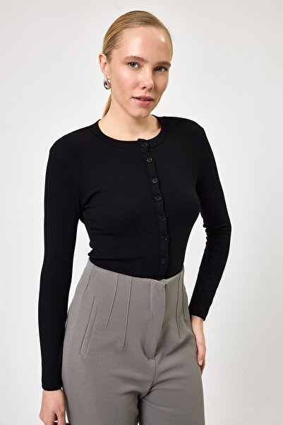 Rays Black Front Buttoned Crew Neck Long Sleeve Corded Fabric Women's Bodysui...