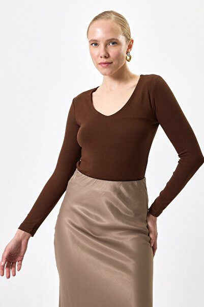 Rays Кафяво ребристо V-образно деколте с дълъг ръкав дамско боди 8266A