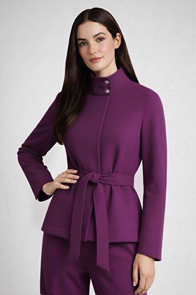 Elbikom Kuşaklı yüksek yaka ceket premium kumaş mor