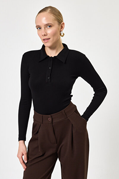 Rays Μαύρη μπλούζα με μακρυμάνικο γιακά πόλο 8222A