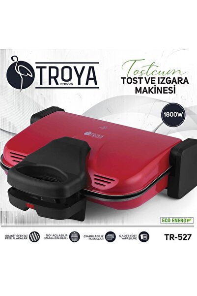 Troya By Hook محمصة وشواية حمراء بقدرة 1800 وات Tr-527 مع ألواح جرانيت قابلة للإزالة