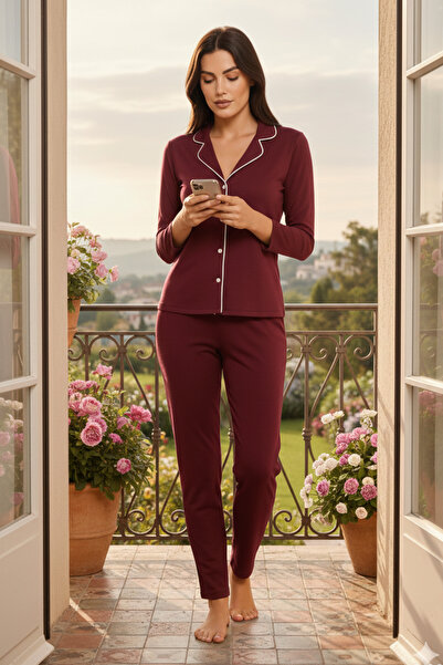 Kompedan Дамски памучен комплект пижама с копчета отпред | Бордо 127